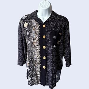 Ms Choice Petite 90s Rayon Button Blouse Navy Mixed Polka Dot Medallion 3/4